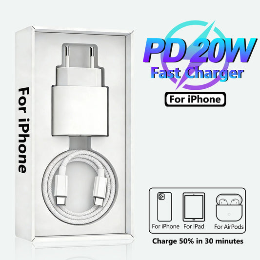 PD 20W For Apple Fast Charger For iPhone 17 16 15 14 13 12 Type C Quick Charging Cable For iPad For AirPods EU US Plug Adapter