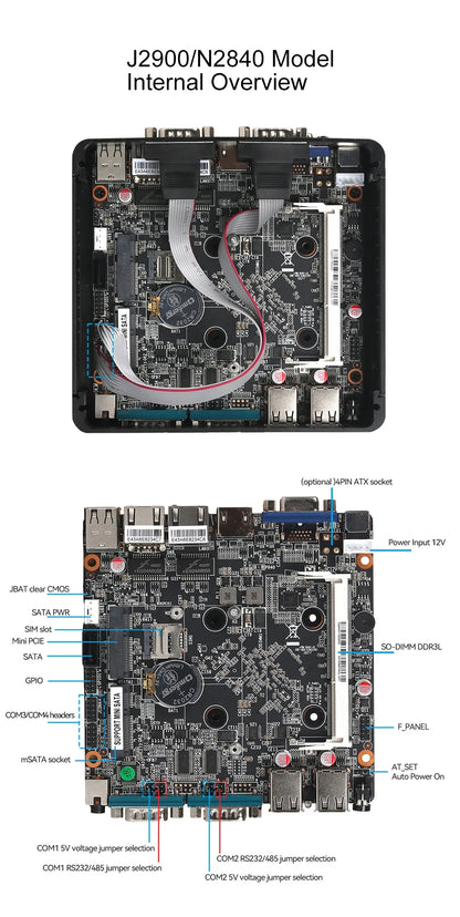 Fanless Industrial Mini PC Pentium J2900 4x Serial Ports RS232 RS485 2x Gigabit Ethernet Mini PCIe WiFi 4G LTE SIM Windows Linux
