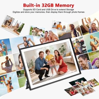 FRAMEO 15.6 Inch 32GB Large Digital Photo Frame, Digital Picture Frame WiFi, IPS HD Touch Screen, Photo Frame with Auto-Rotate