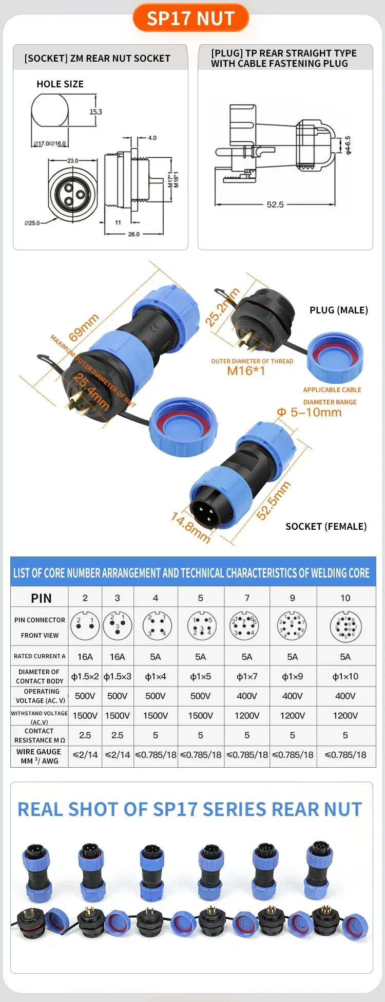 SP17 IP68 2 3 4 5 7 9 Pin Waterproof Connector Cable Adapter  Industrial Panel Mount Wire Connector Plug