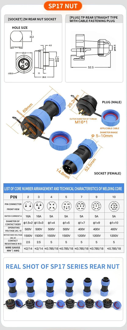 SP17 IP68 2 3 4 5 7 9 Pin Waterproof Connector Cable Adapter  Industrial Panel Mount Wire Connector Plug