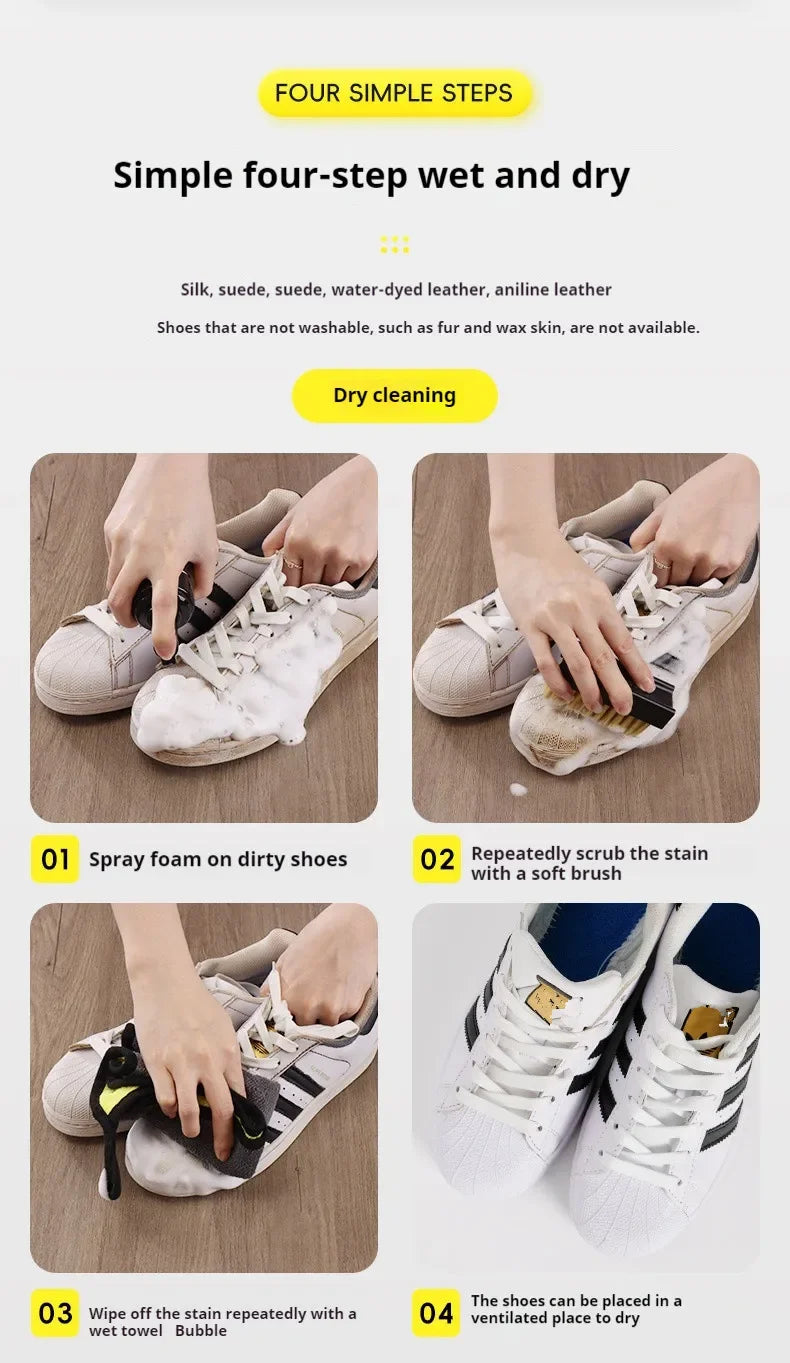 1 set Shoes Cleaner foam dry cleaning suit 150ML Water-Free Foam Sneakers Cleaner Shoe Brush Shoe Cloth Work on White Shoe,Boot