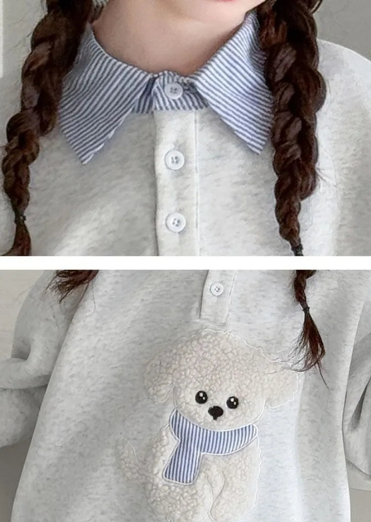 Sweatshirt Girls' 2025 New Faux Two-Piece Polo Hoodie Spring/Autumn Kids Medium-Large Loose Fit Cartoon Puppy Top