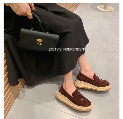 MKKHOU Fashion Loafers New High Quality Real Leather Suede Vintage Straw Braid Platform Shoes Daily Casual Light Shoes Neutral