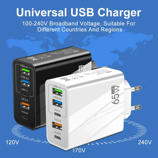 Universal Charger 65W USB Charger 5 Ports Travel Charger PD Wall Power Charger For iPhone USB Type C Charger For Samsung Xiaomi
