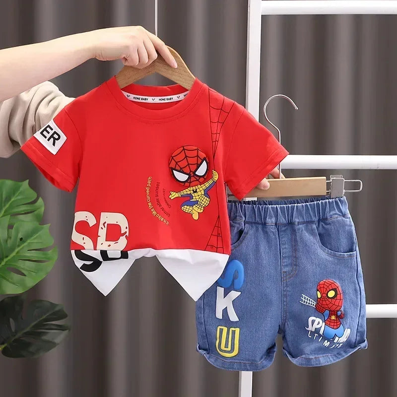 2025 Summer Baby Boys Spiderman Short Sleeve T-shirt+Jeans Sets Clothes Kids Fashion Clothing Outfits Children Sports Suits