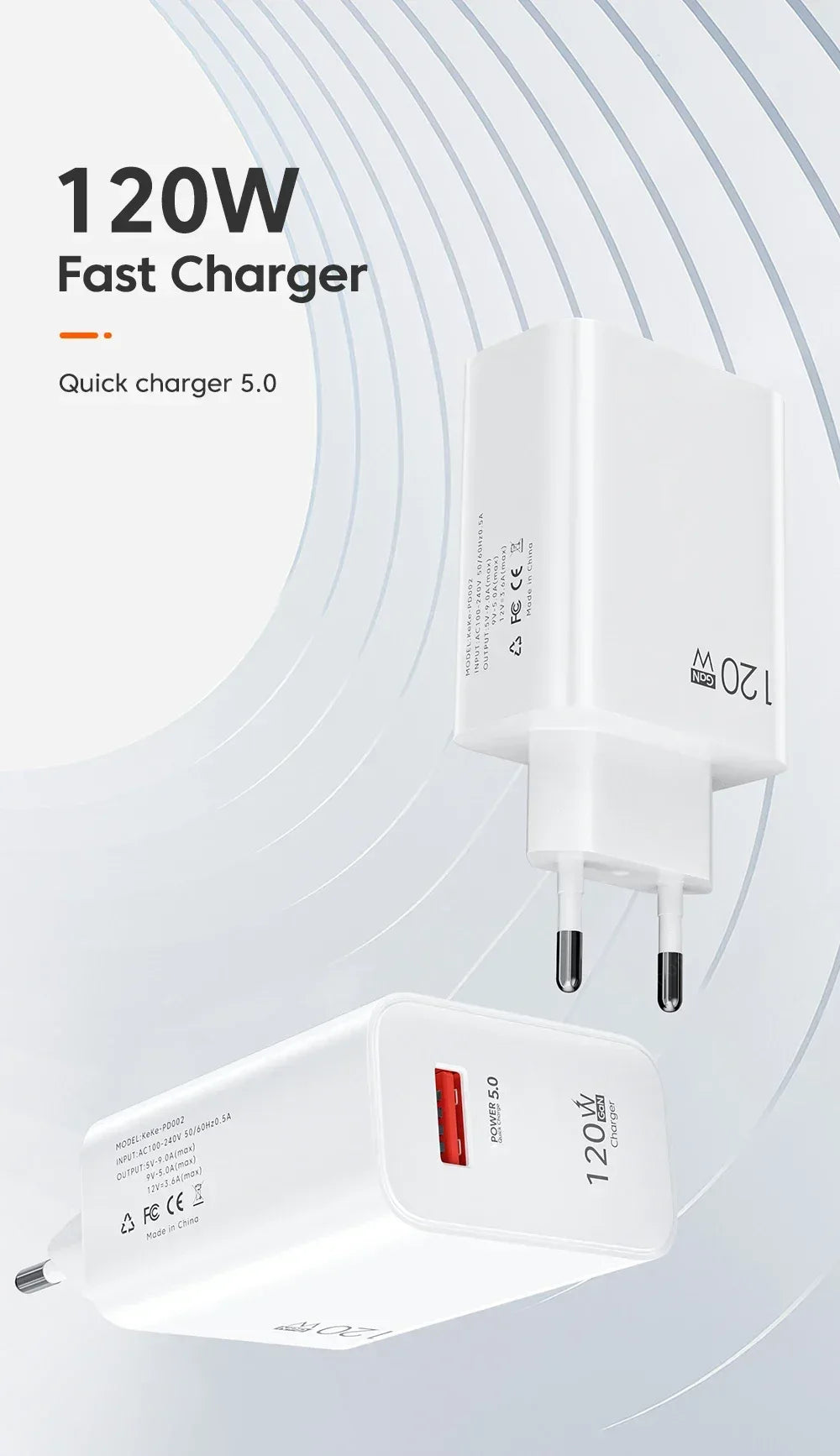 USB GaN 120W Charger Quick Charge 3.0 EU/US Plug Phone Charger Adapter Type C Wire For iPhone Samsung Xiaomi Huawei Fast Charger
