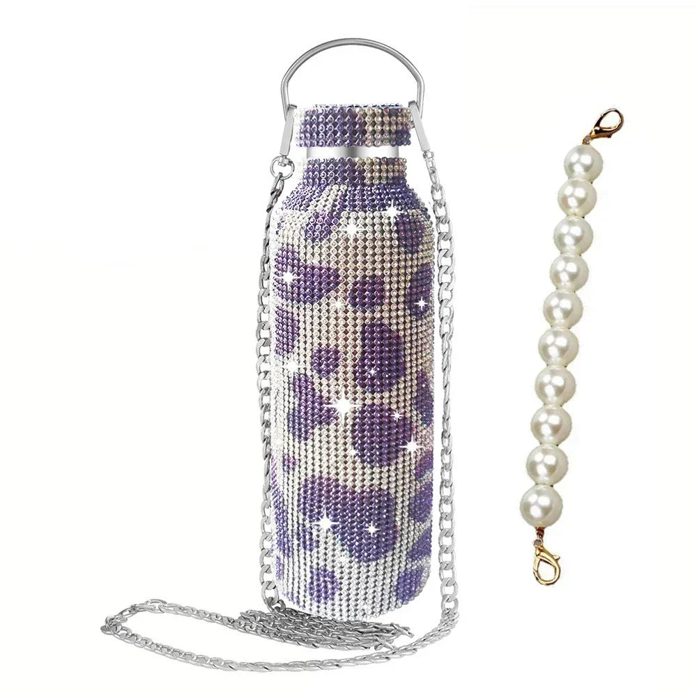 350/500/750/1000ml Luxury Rhinestone Thermos Bottle 2pcs Chain Portable Water Bottle Double Wall Stainless Steel Thermal Flask