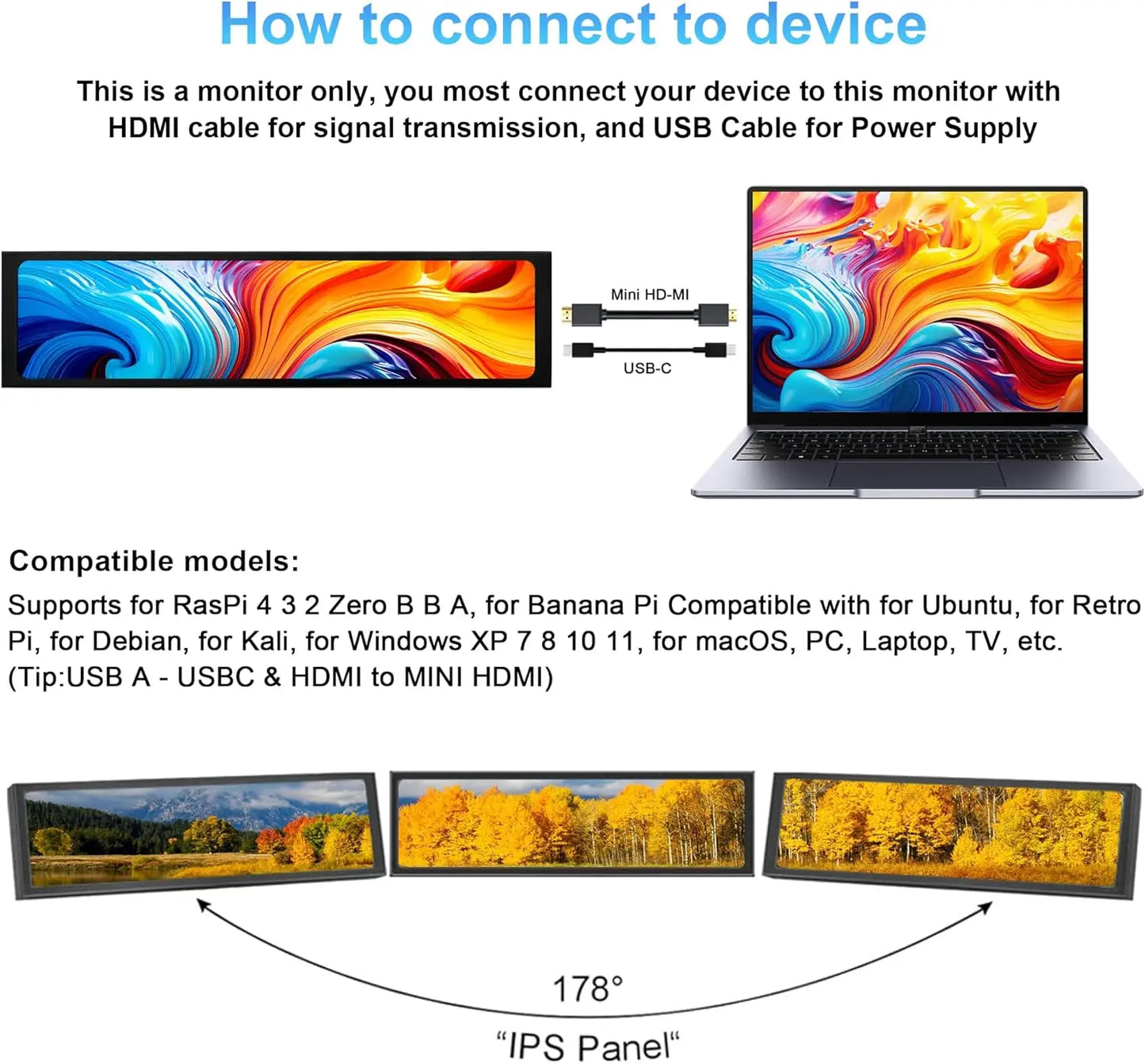 Wisecoco 11.3/8.8/7.84 inch HD IPS Secondary Screen Type-C for Laptop Computer Temperature DIY Aida64 CPU GPU Monitor