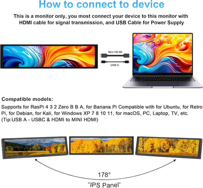 Wisecoco 11.3/8.8/7.84 inch HD IPS Secondary Screen Type-C for Laptop Computer Temperature DIY Aida64 CPU GPU Monitor