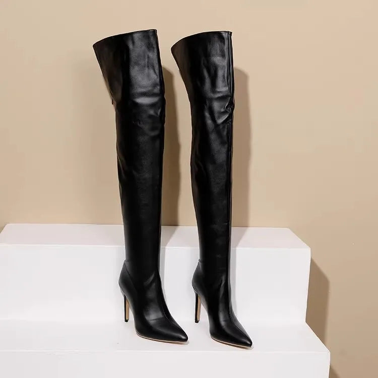 Size 34-48 White Boots For Woman Spring Autumn Stiletto Heels Back Zipper Pointed Toe Thigh Boots Over Knee T Show Shoes 11CM