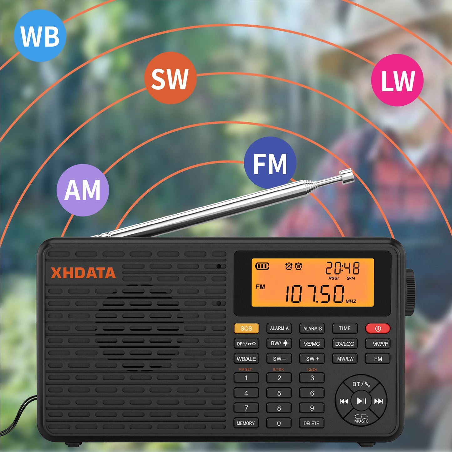 XHDATA D-109WB AM FM Stereo SW MW LW Digital Alarm Clock Portable Radio With Rechargeable Battery USB-C and Weather Forecast