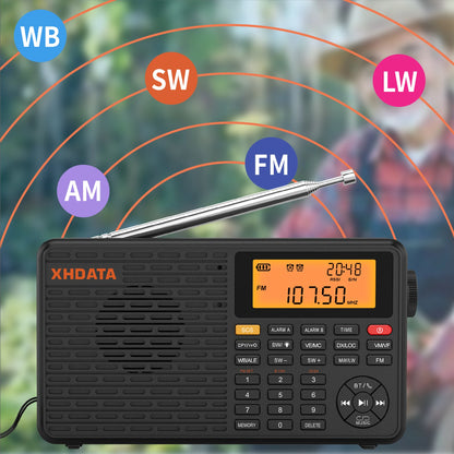 XHDATA D-109WB AM FM Stereo SW MW LW Digital Alarm Clock Portable Radio With Rechargeable Battery USB-C and Weather Forecast