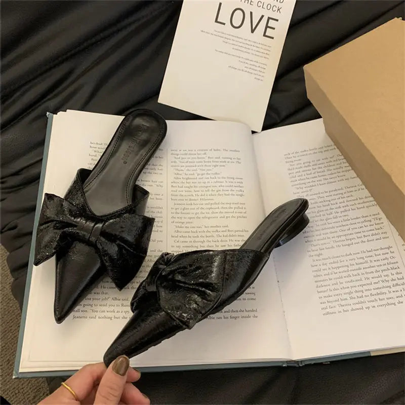 New Bowtie Mule Shoes Women Fashion Pointed Toe Stripe Wave Slip-on Sandals Ladies Luxury Satin Silk Outdoor Flat Slippers