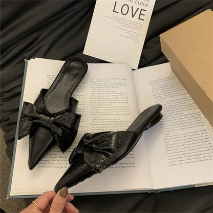 New Bowtie Mule Shoes Women Fashion Pointed Toe Stripe Wave Slip-on Sandals Ladies Luxury Satin Silk Outdoor Flat Slippers