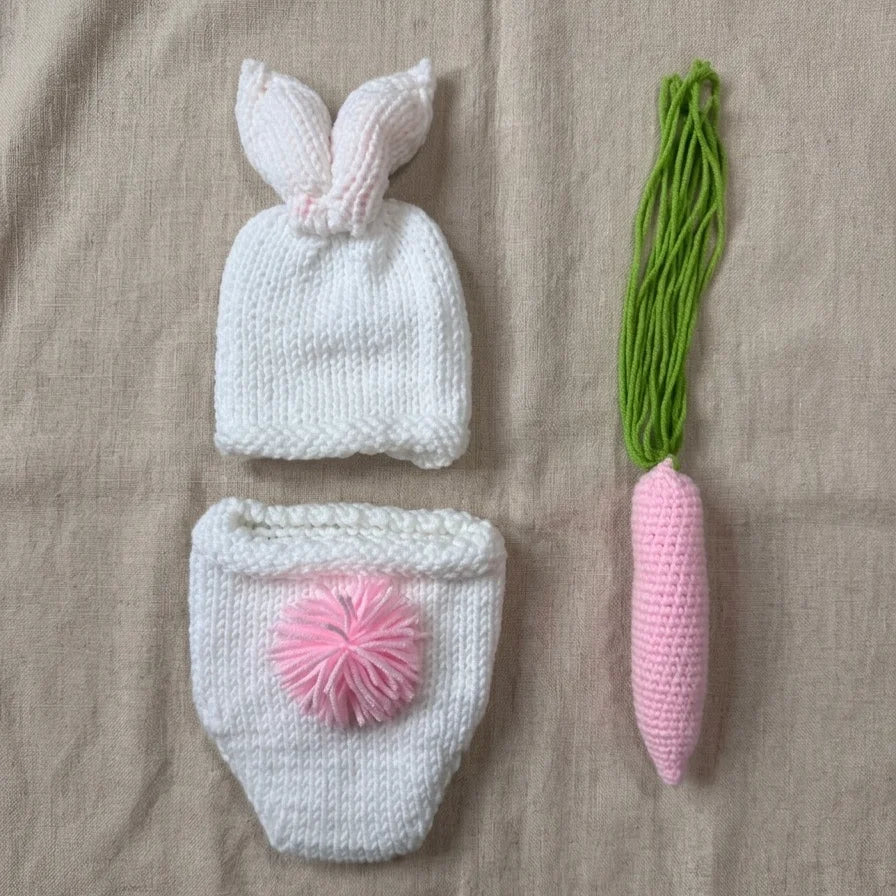 Cute Newborn Baby Photography Prop Gift Set Knitted Cartoon Pink Bunny Shorts Hat CarrotNewbornPhotoShootCostumeBaby Shower Gift