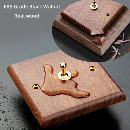Black walnut retro European retro wall lamp switch socket, solid wood brass toggle switch board 1-4Gang 2Way antique home switch