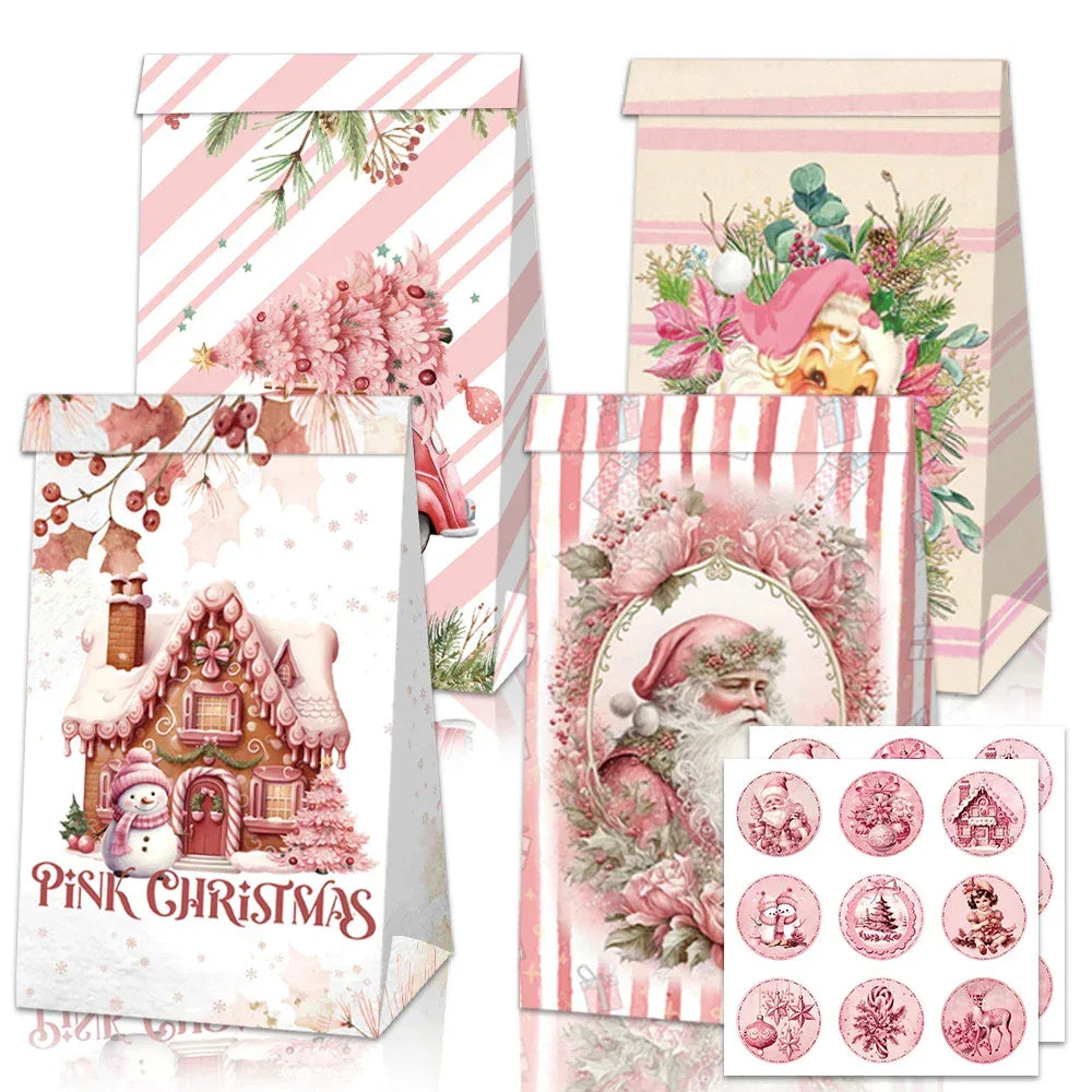 12pcs Pink Christmas Gift Bag Box Fairy Snow Scene Print Cookie Candy Bags Christmas Eve Candy Box Navidad Natal Noel Kids Gift
