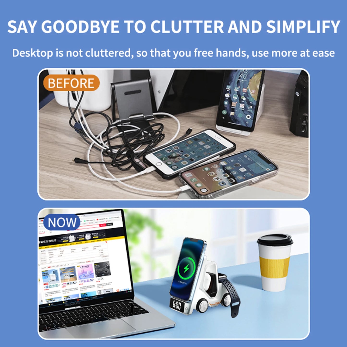 Wireless Charger Stand 5 In 1 Alarm Clock For IPhone 15 14 13 12 Pro Max 8 X XS XR iWatch 8 7 6 5 Airpods Fast Charging Station