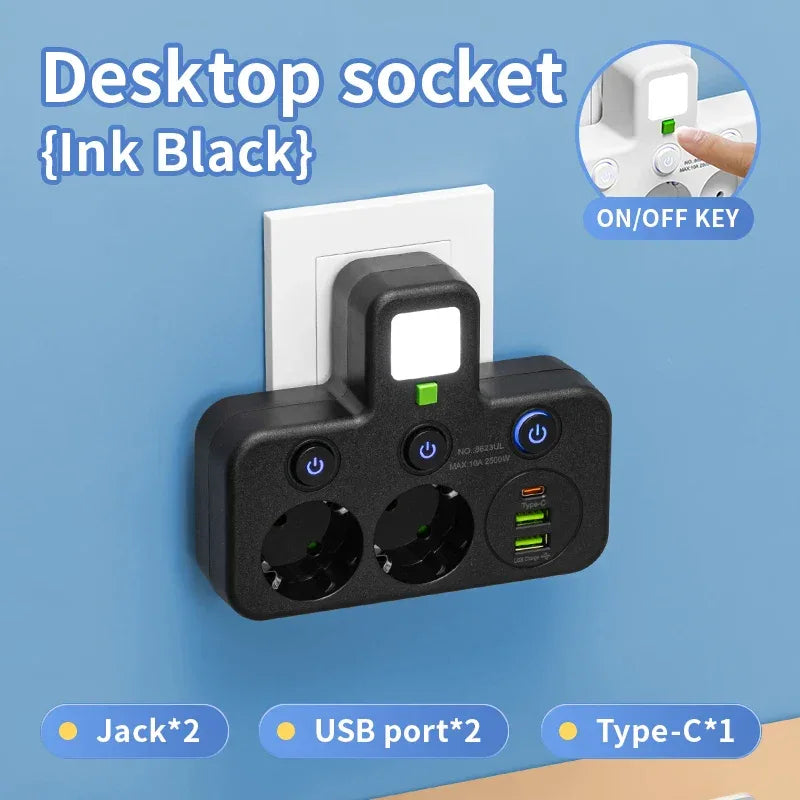 EU Plug Power Strip with 3 AC Outlets +2 USB Ports+ 1 Type C, 6-in-1 Plug Socket Adapter Wireless Wall Charger for Home Office