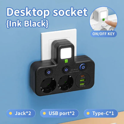 EU Plug Power Strip with 3 AC Outlets +2 USB Ports+ 1 Type C, 6-in-1 Plug Socket Adapter Wireless Wall Charger for Home Office