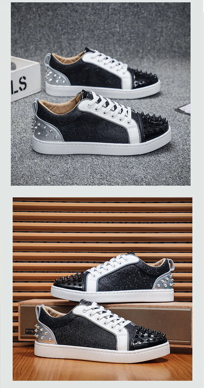 New Fashion Silver Trainers Glitter Spiky Shoes Men Lace Up Sneakers Low Top Shoes Red Sole Man Designer Sneaker With Spikes