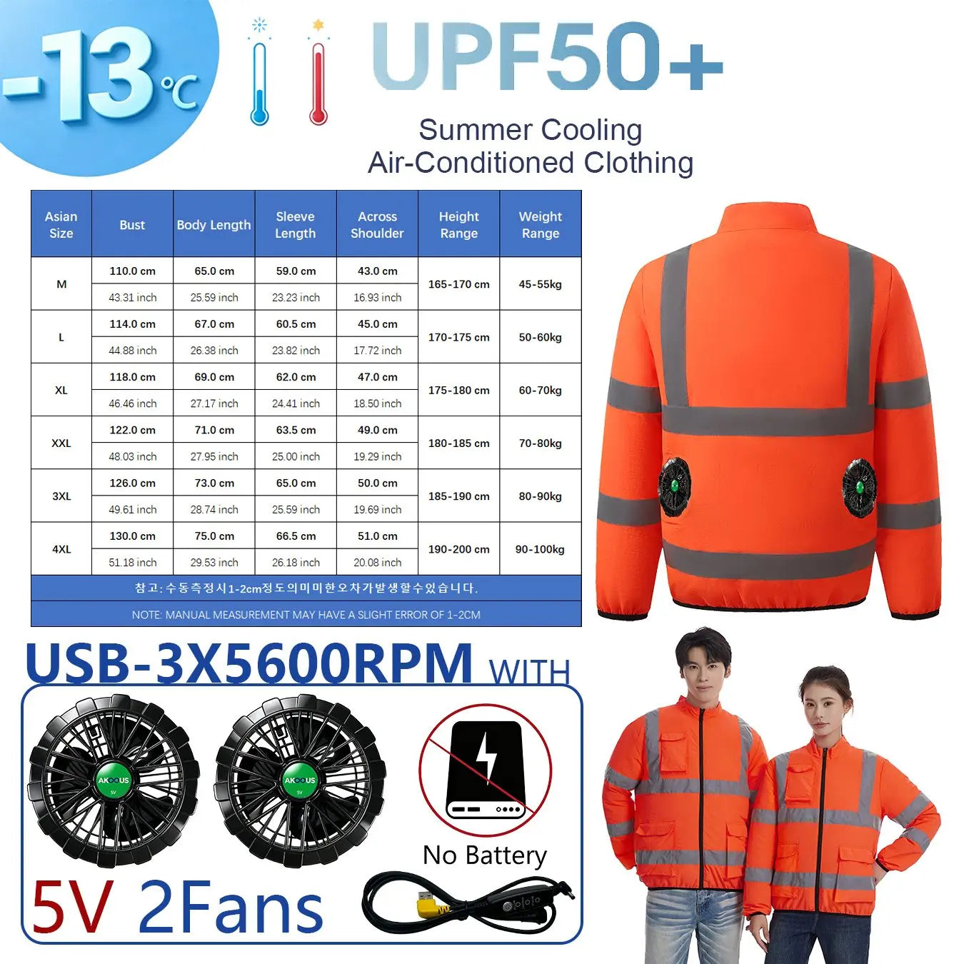 AKOOUS 6500 RPM 12V/5V USB 3-Fans Cooling Vest Air Conditioned Clothes Men Women Outdoor Work Fishing Body Cooling Jacket