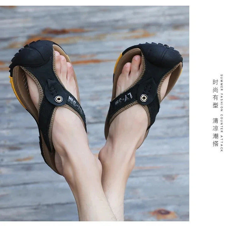 Genuine Cow Leather Shoes Men Sandals Mens Flip Flops Men's Casual Shoes Classic Massage Beach Slippers Anti-slip Summer 2025