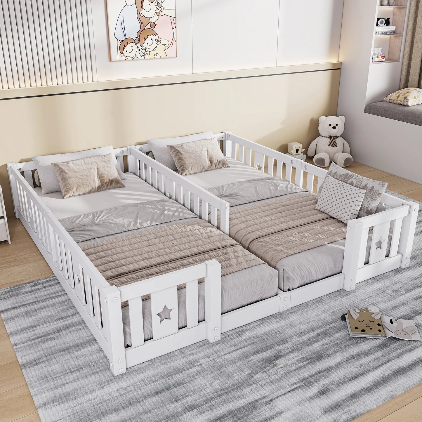 Rosahqnda Children's Bed Floor Bed 90x200cm with Railing Gate,Pine Wooden Bed for Families with 2 Children,Children's Twin Bed
