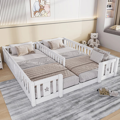 Rosahqnda Children's Bed Floor Bed 90x200cm with Railing Gate,Pine Wooden Bed for Families with 2 Children,Children's Twin Bed