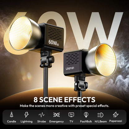 Ulanzi C60 60W COB Video Light Bi-Color Led Light 2500-6500K 3300mAh Mini Bowens Mount for Photography Studio Lighting Live Vlog