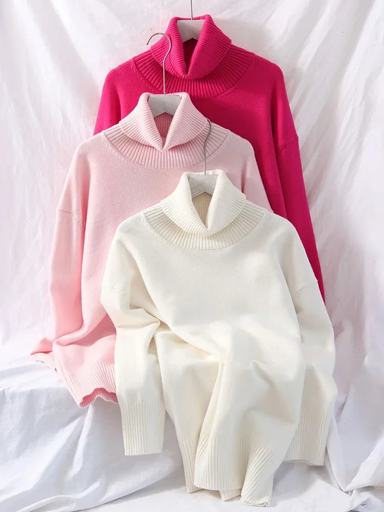 Winter Pink Turtleneck Sweaters Women Oversized Autumn Warm Women's Jumper Loose Basic White Turtleneck For Women Pullovers