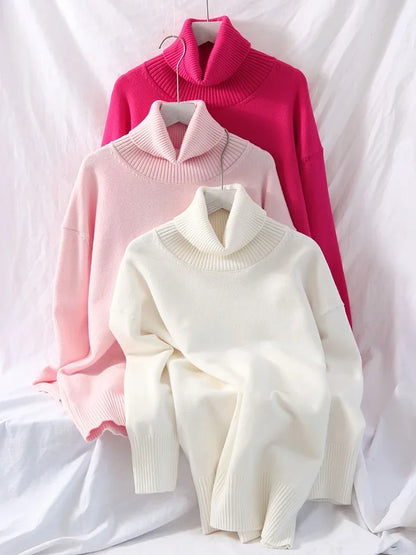 Winter Pink Turtleneck Sweaters Women Oversized Autumn Warm Women's Jumper Loose Basic White Turtleneck For Women Pullovers