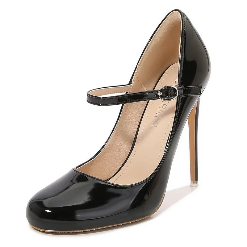 Women Patent Leather High Thin Heel Shoes Ankle Strap Women Pumps for Office Nightclub Party Wedding Cross Dressing Wide Shoes