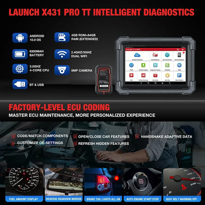 LAUNCH X431 PRO TT Car Diagnostic Tool OBD2 Scanner Full Systems ECU Coding Active Test VAG Guided DBScar VII ADAS Calibration