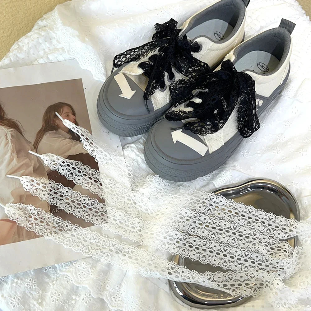 120cm Lace Shoelaces for Women Casual Shoes 3CM Width Flat Shoelace for Sneakers Black White Hollow Out Shoe Laces Accessorices