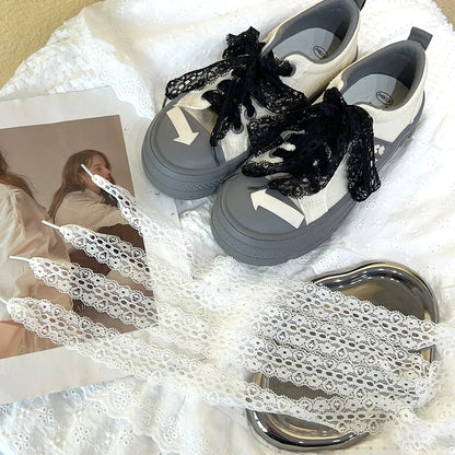 120cm Lace Shoelaces for Women Casual Shoes 3CM Width Flat Shoelace for Sneakers Black White Hollow Out Shoe Laces Accessorices