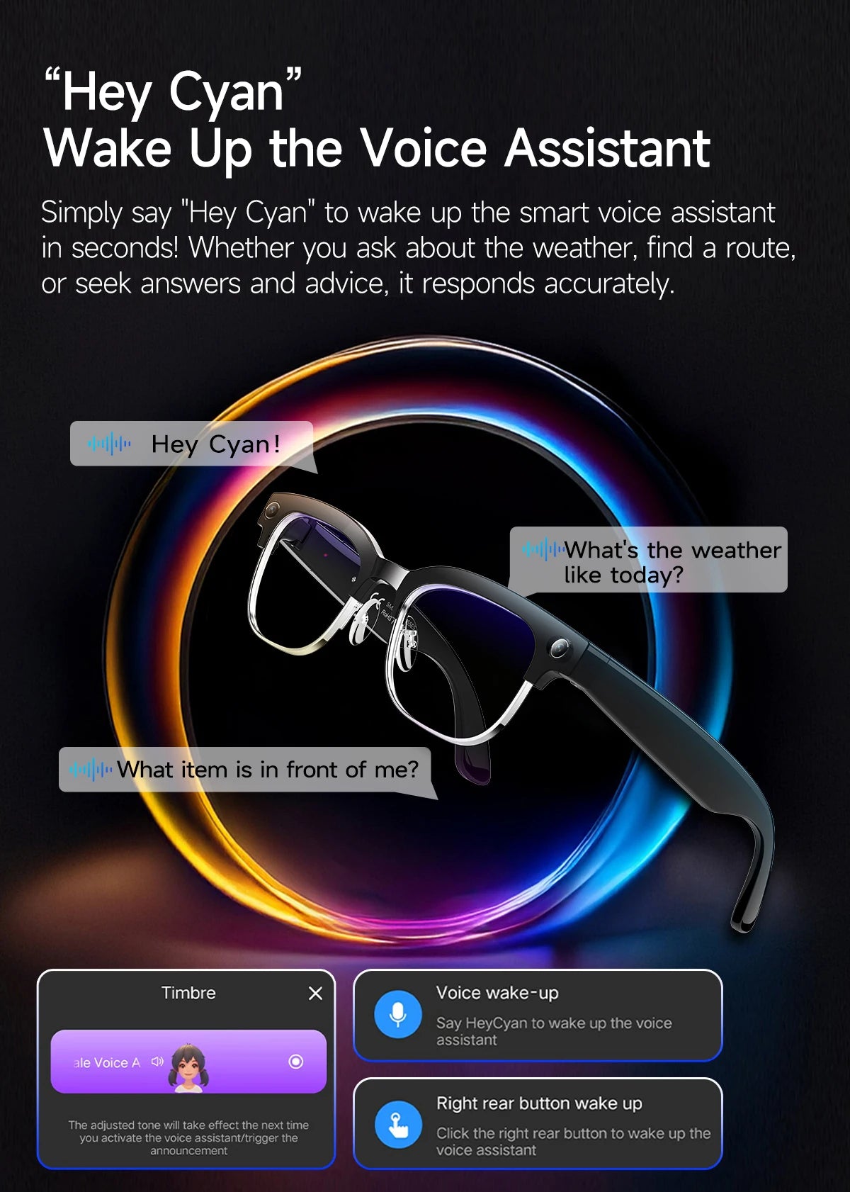 Lunettes intelligentes avec traduction IA, caméra HD 8 mégapixels, stabilisation optique de l'image, double microphone et réduction du bruit.