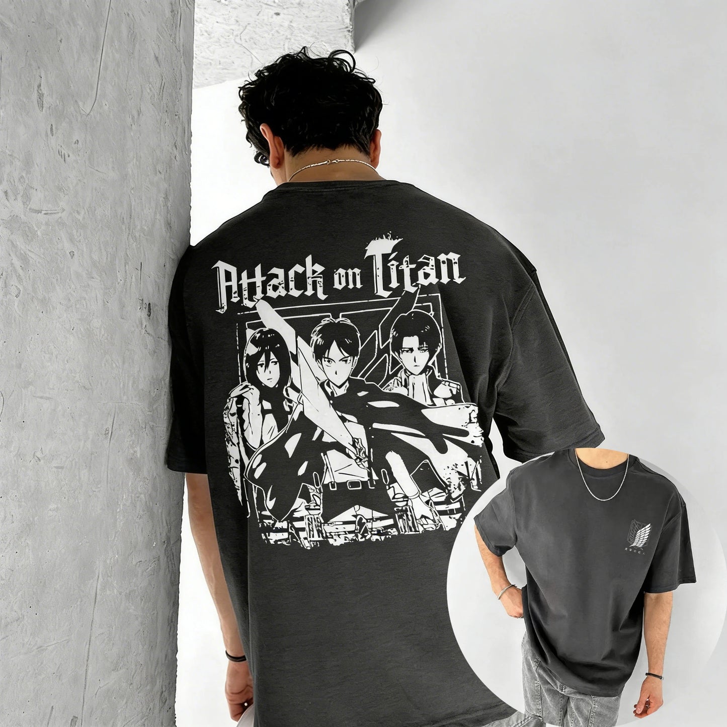 Men's T Shirt Men's Sports T Shirt Men's Short Sleeve T Shirt Attack on Titan Three Warriors with Weapons Dark Background Back