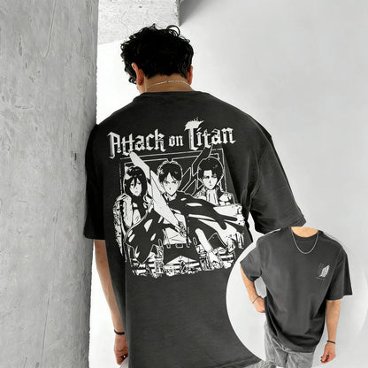 Men's T Shirt Men's Sports T Shirt Men's Short Sleeve T Shirt Attack on Titan Three Warriors with Weapons Dark Background Back