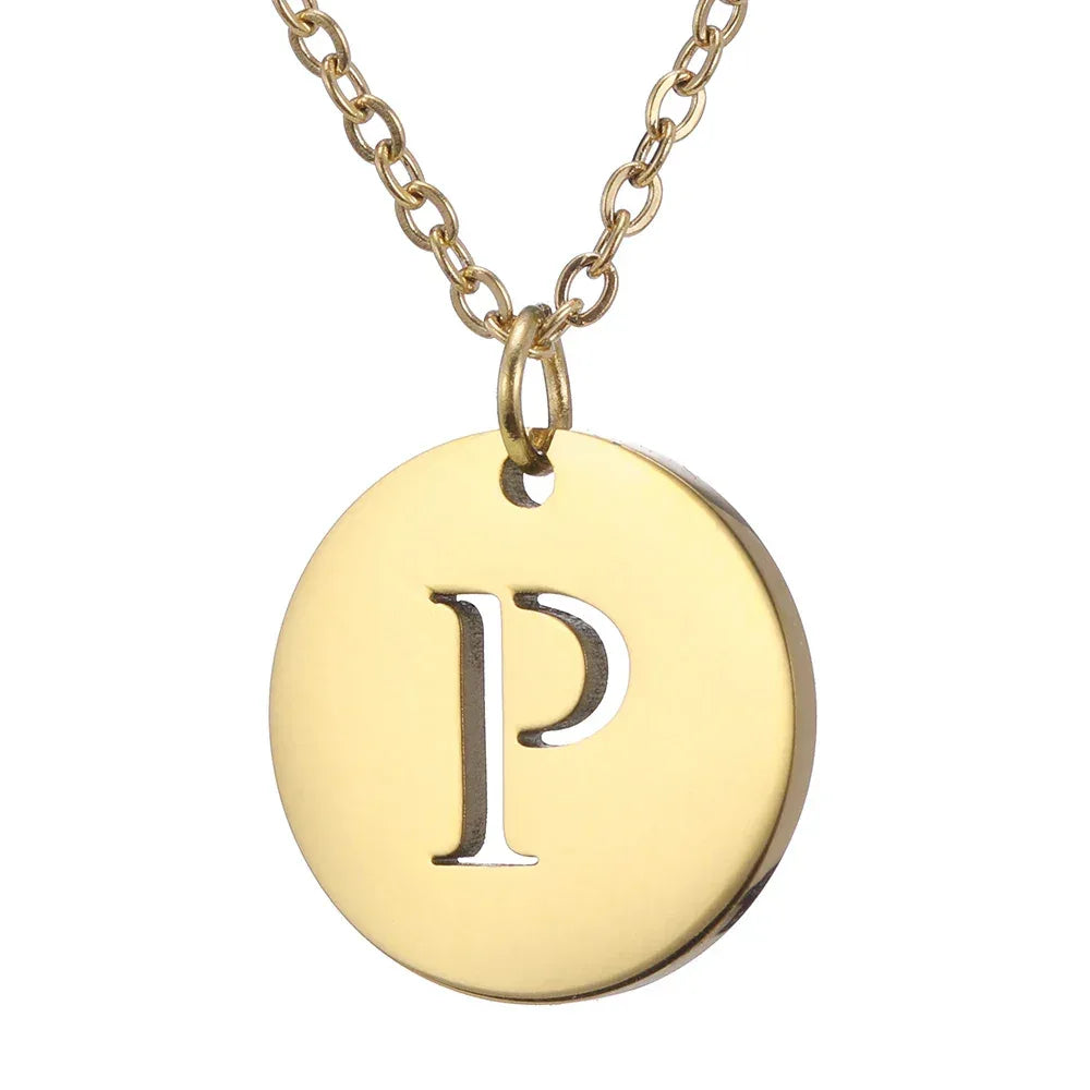 New Trend Stainless Steel Gold Silver Color Initials Necklace Hollow Round 26 Letter Pendant Necklace Jewelry Christmas Gift