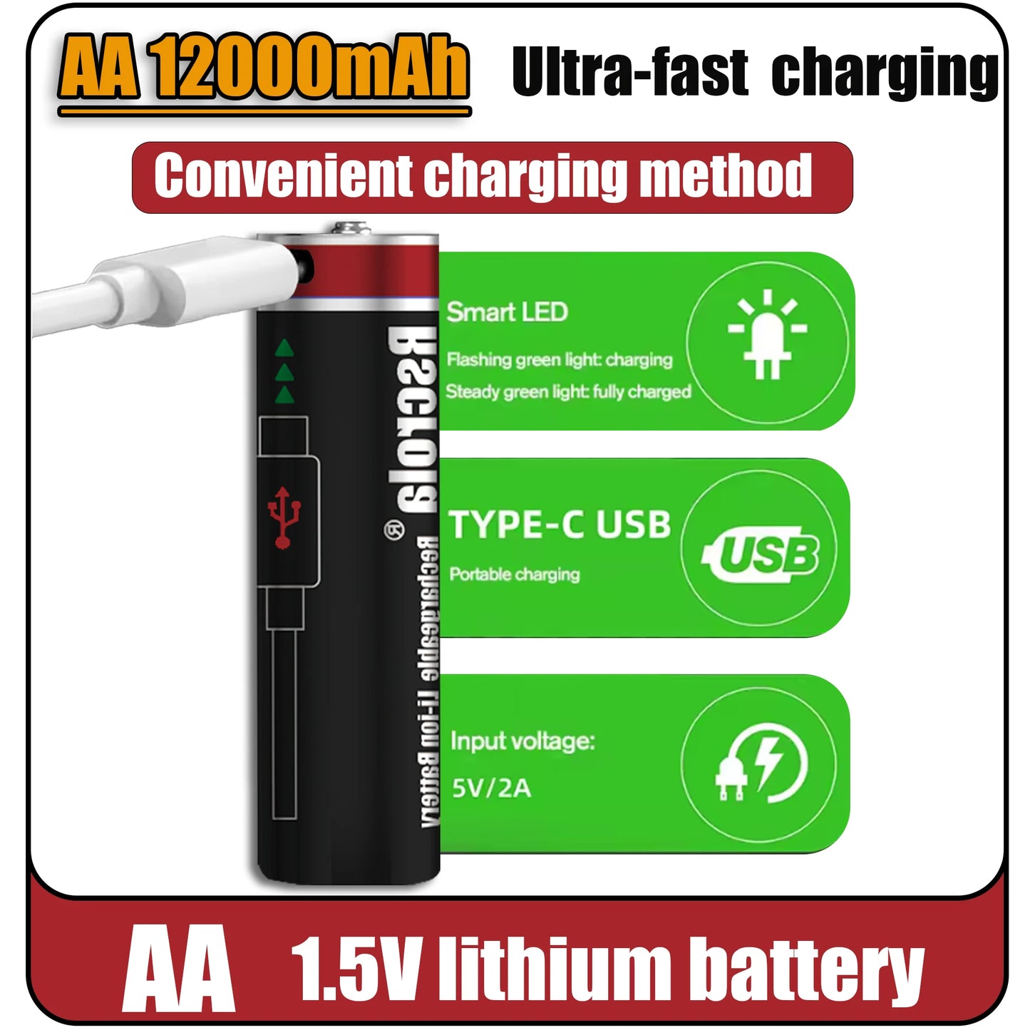 2026 Hot Rechargeable Battery Lithium-ion 1.5V AA1200mAh Rechargeable Battery 1.5V AAA6800mAh Battery with USB-C Cables