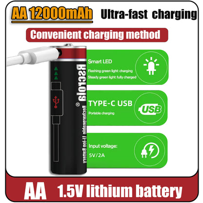2026 Hot Rechargeable Battery Lithium-ion 1.5V AA1200mAh Rechargeable Battery 1.5V AAA6800mAh Battery with USB-C Cables