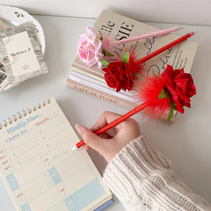 10pcs/set Simulated Rose Shaped Ballpoint Pen Valentine's Day Desktop Decoration Supplies Student Writing Supplies Set