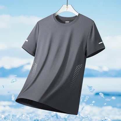 Summer Mesh Sports T-Shirt Men Quick-Drying Breathable Loose Ice Silk Short Sleeves Men Jogging Hiking Round Neck Sports T-shirt