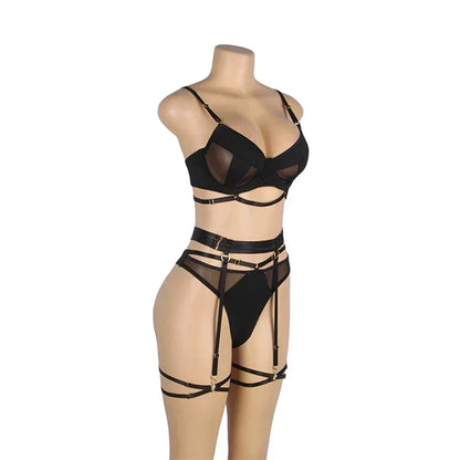 Comeondear Women Suspender Elastic Strap Intimate Underwear Black Plus Size Lingerie Belt Briefs Sexual Mesh Garter Bra Panties