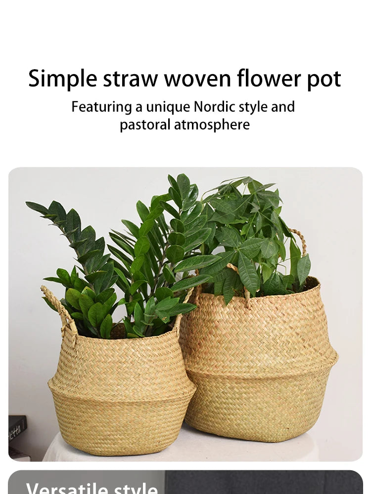 Nordic flower basket, portable woven basket, flower pot, straw woven, bamboo woven, plant woven, floor-standing folding straw wo