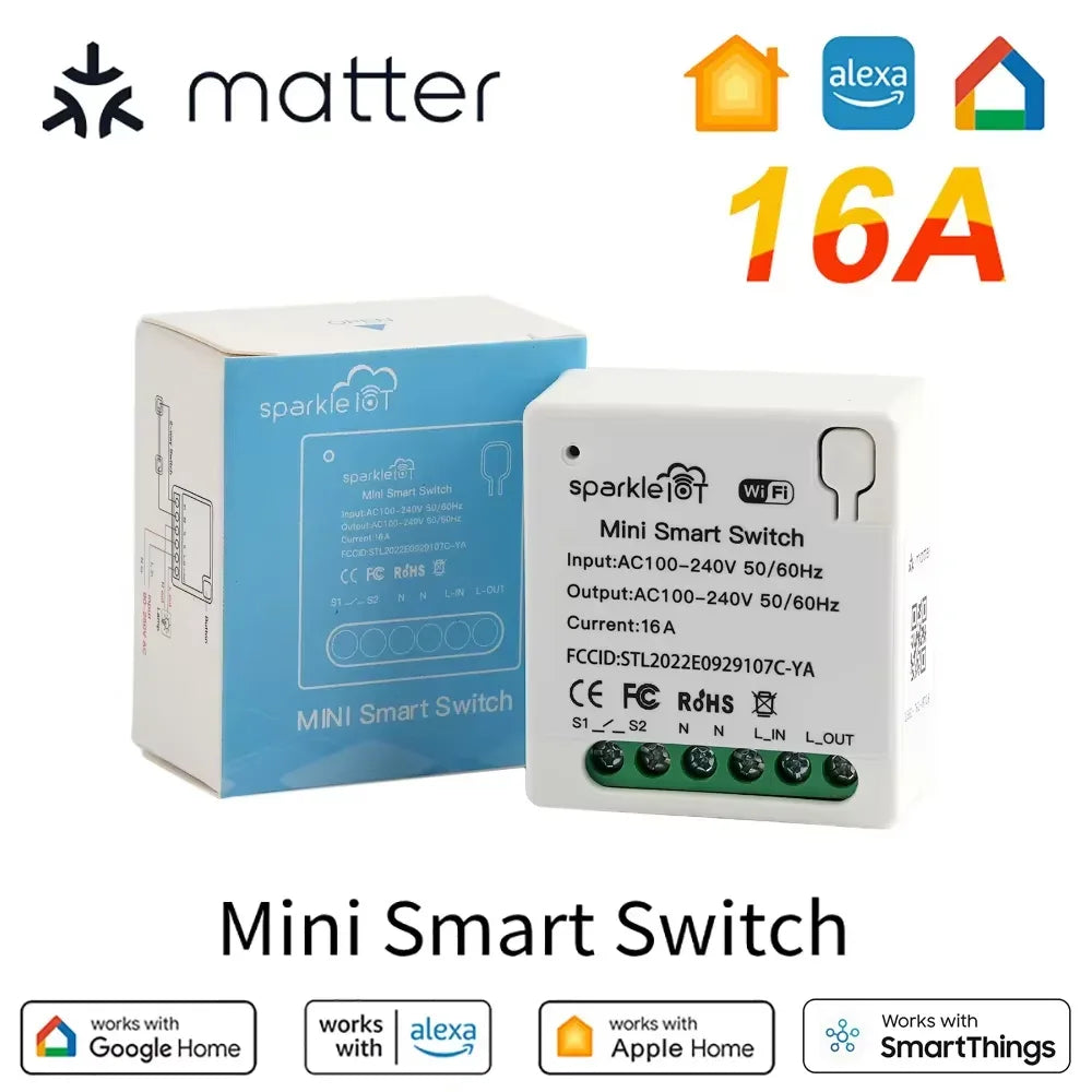 Matter 16A WiFi mini Smart Switch Pass-through Disconnect Dual Control Outletorks Remote Control Timer  Work with HomeKit Alexa