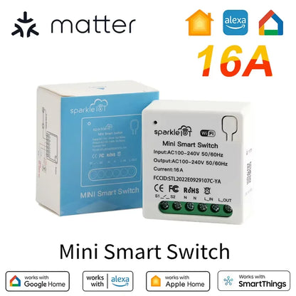 Matter 16A WiFi mini Smart Switch Pass-through Disconnect Dual Control Outletorks Remote Control Timer  Work with HomeKit Alexa
