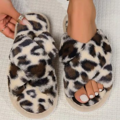 Autumn Winter Leopard Print Slippers Women's Fashion Plush Fur Slides Home Flip Flops Indoor Warm EVA Anti Slip Living Room Shoe